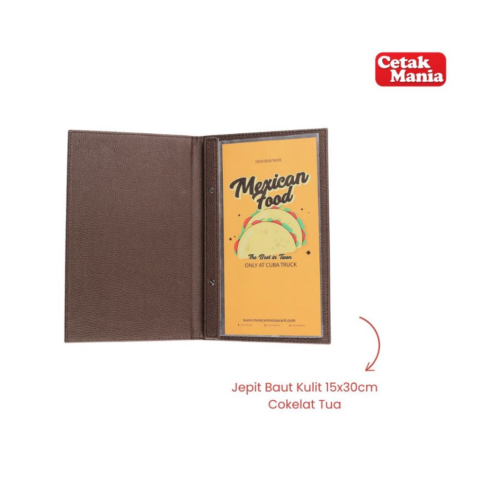 

Cetak Mania - Buku Menu Kulit Jepit Baut isi Plastik Mika 15x30cm Coklat Tua - Cafe, Coffee Shop,