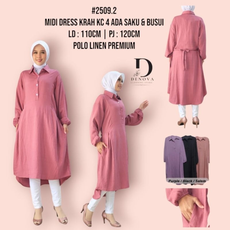 [ DENOVASTYLE ] Midi Dress Linen Premium Kancing 4 Ada Saku Terbaru dan Termurah