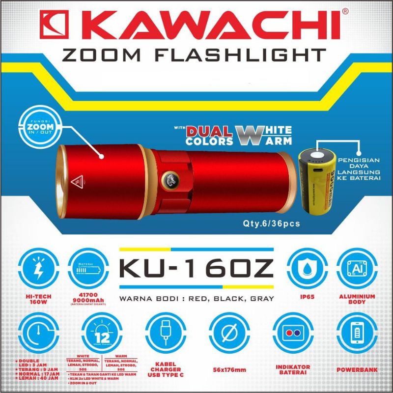 KAWACHI KU-160Z SENTER TANGAN 160W 160 WATT FLASHLIGHT LED PREMIUM BODY ALUMINIUM DUA CAHAYA DALAM 1