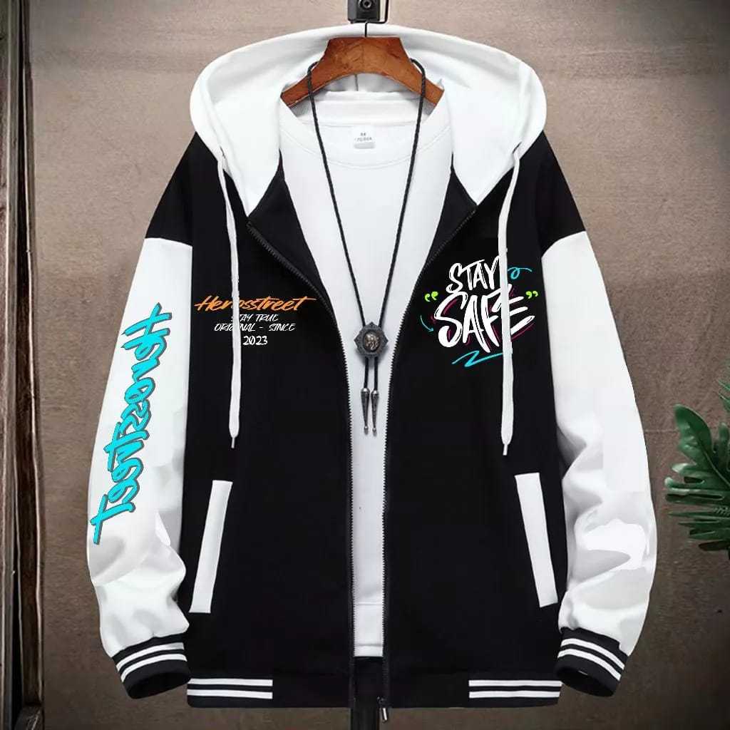 Stay Safe Jaket Zipper Hoodie Baseball Pria