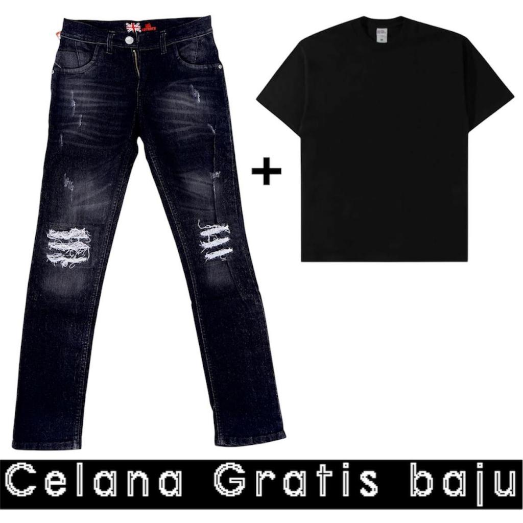 celana gratis baju kaos - celana jeans sobek lutut - celana jeans panjang pria - celana panjang pria