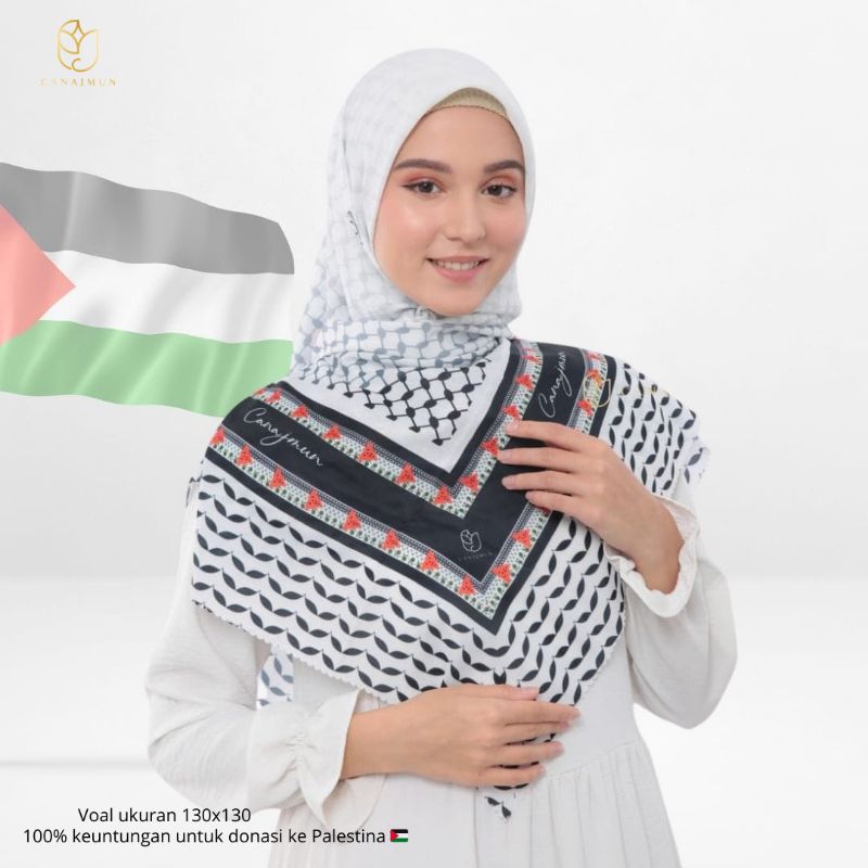 (100% untuk donasi Palestine) Canajmun - Scarf Keffiyeh Putih Palestine Syar'i/ Jilbab Keffiyeh Jumb