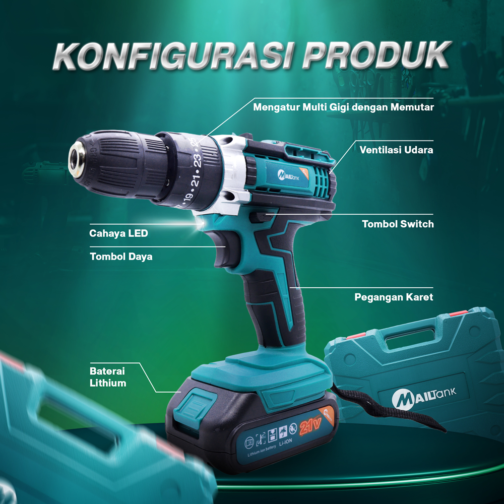 MAILTANK Bor Cordless 21volt baterai 2pcs / Bor Dinding Bor Beton SH 19 BY MAILTANK