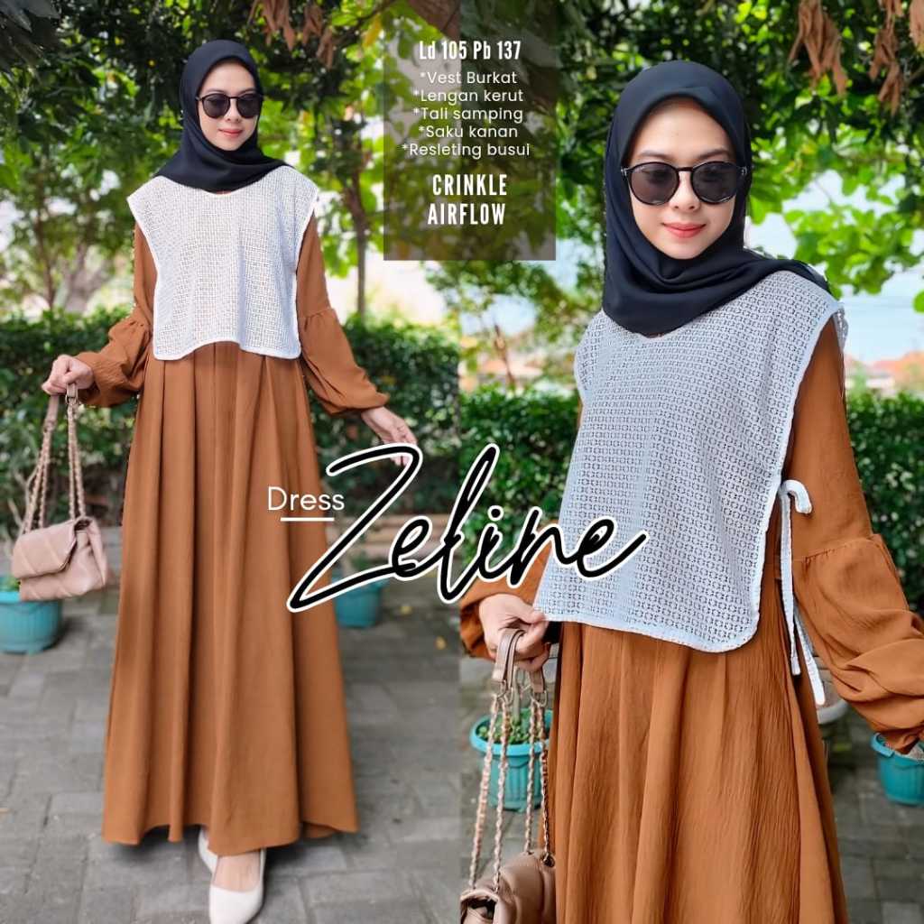 Zeline Dress Brukat Premium Gamis Muslim Crinkle Airflow  Kondangan Outer Bisa Lepas Pasang (KS)