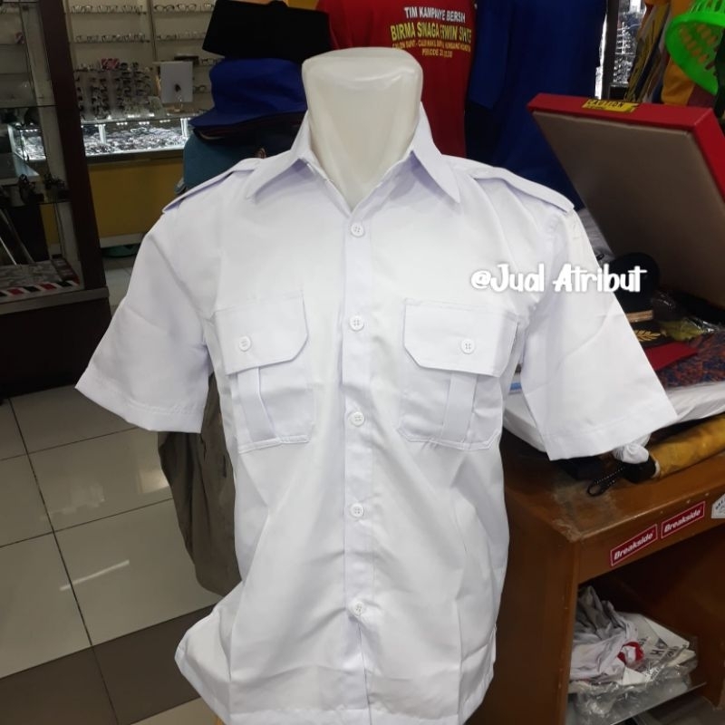 Seragam putih PDH Kemeja putih PDH Baju dinas Pria lengan pendek Texas kerah putih/hitam