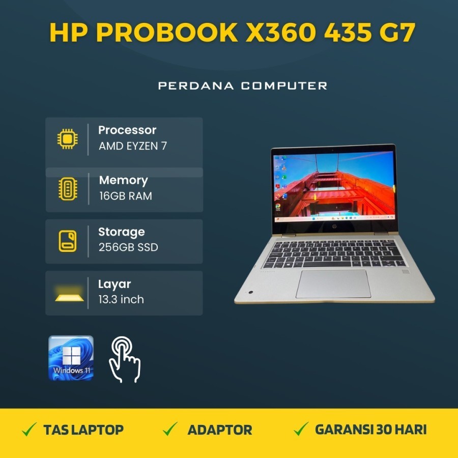 Laptop 2in1 HP Probook X360 435 G7 AMD Ryzen 7 Pro 4750u Ram 16GB Ssd 256GB Touchscreen