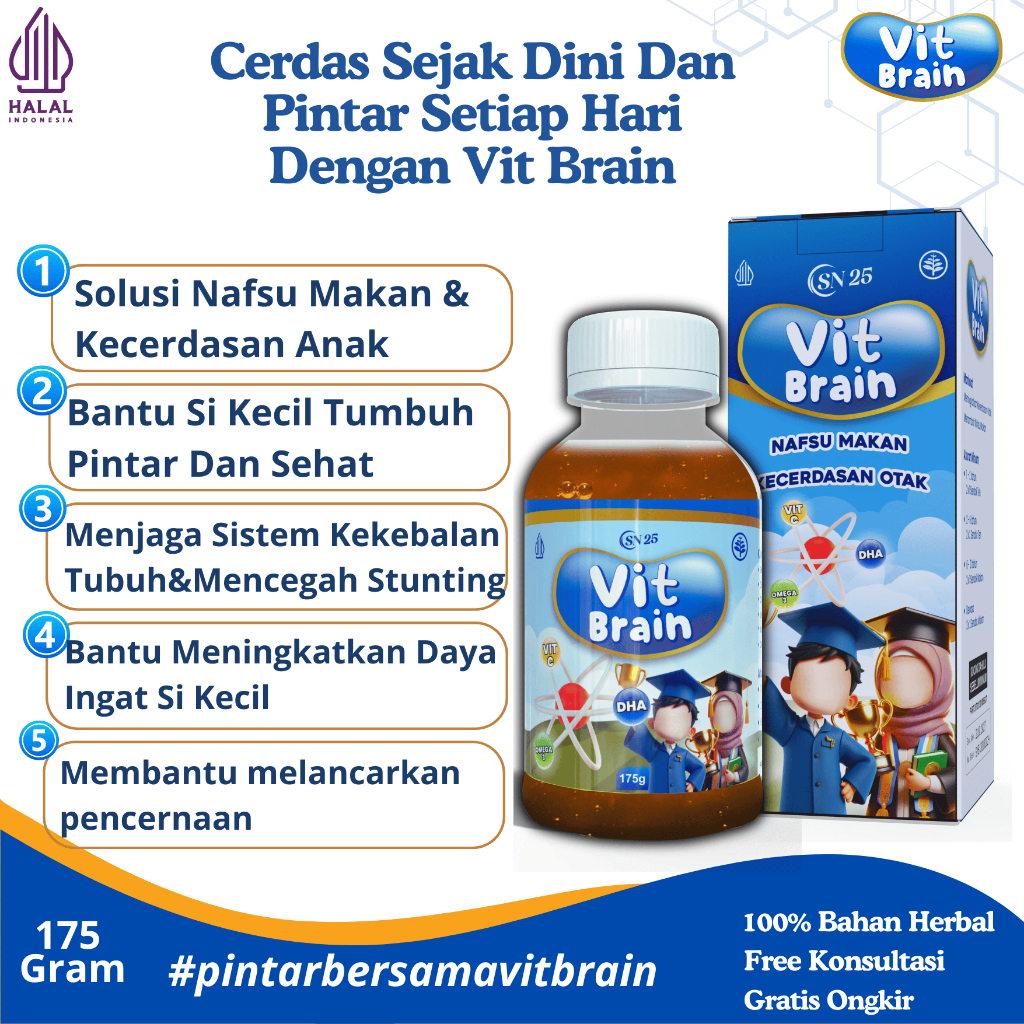 

VIT BRAIN vitamin Untuk kecerdasan otak dan daya ingat anak - 175g, Cerdas & Sehat