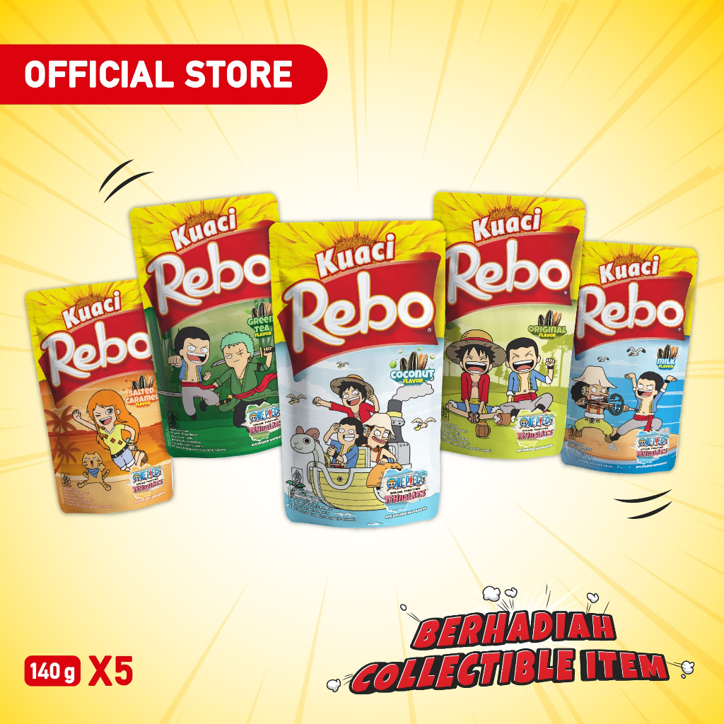 

Rebo Kuaci x One Piece Bundling 5 PCS - Rasa Original, Milk, Green Tea, Caramel & Coconut 140 Gram