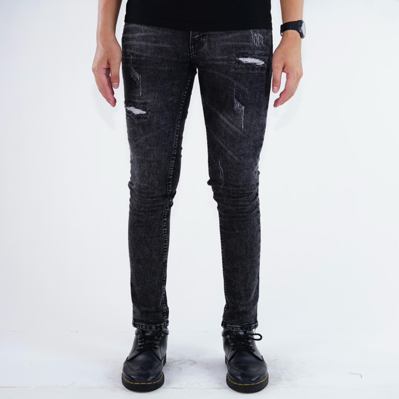 BOZRVK Ripped Jeans Skinny Fit Black Wash Stretch