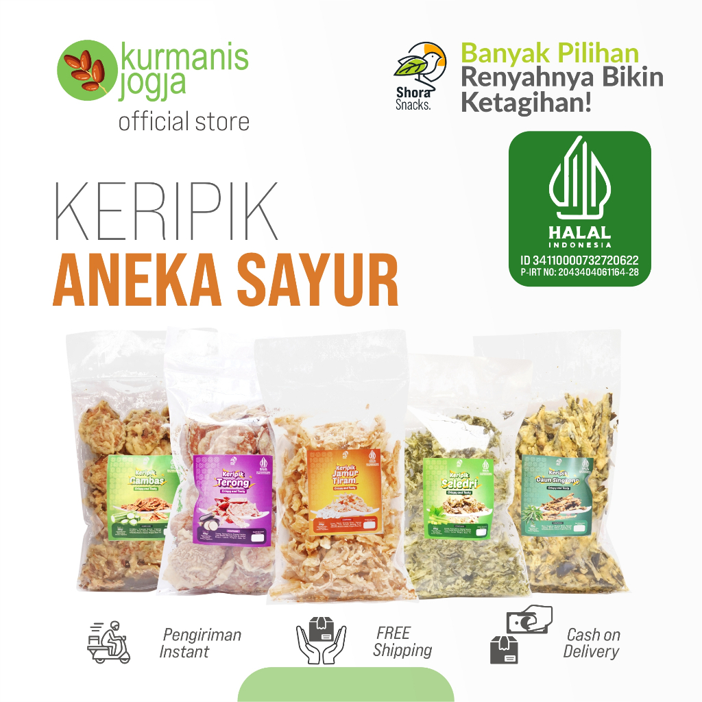 

SHORA Keripik Jamur Crispy Kripik Terong Kripik Pare Kripik Gambas Kripik Wortel Kenikir Kemangi Gurih Kriuk Siap Makan 200g