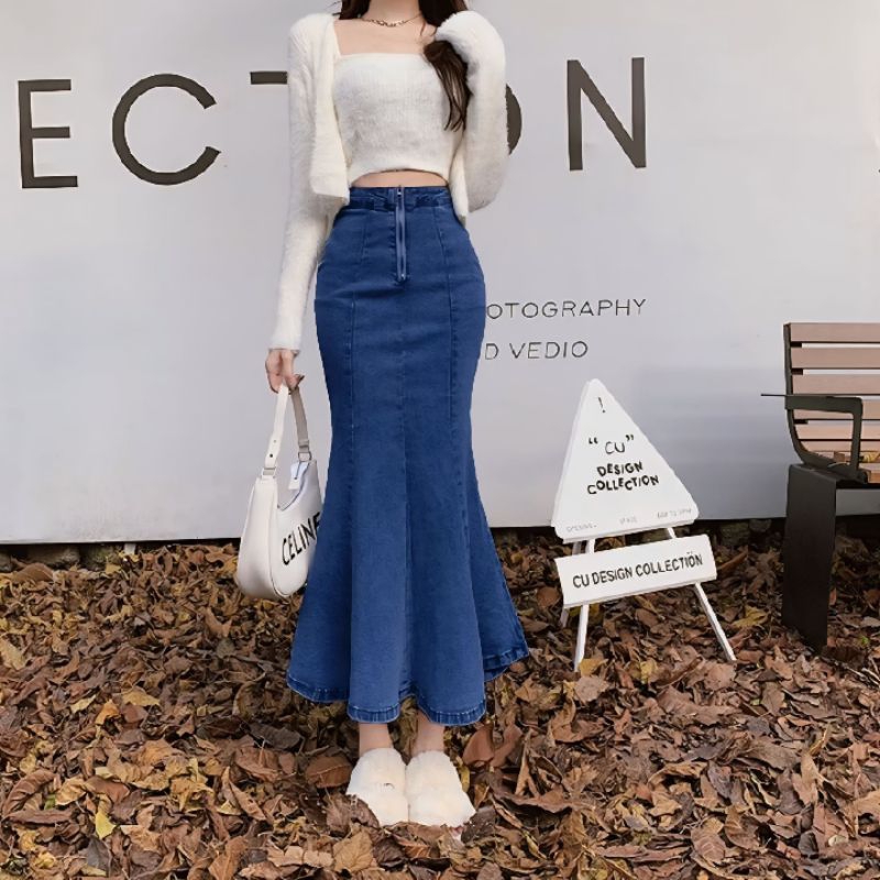 Denim Mermaid Skirt Women's High Waist Slim A-line Elastic Mid-Length Hip Skirt Seluar Skirts Wanita