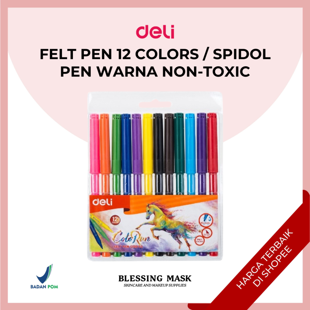 

Deli felt pen 12 colors / spidol pen cuci Warna Bullet Tip 1.0 mm Non-Toxic Mudah Dicuci | ATK Blessingmask