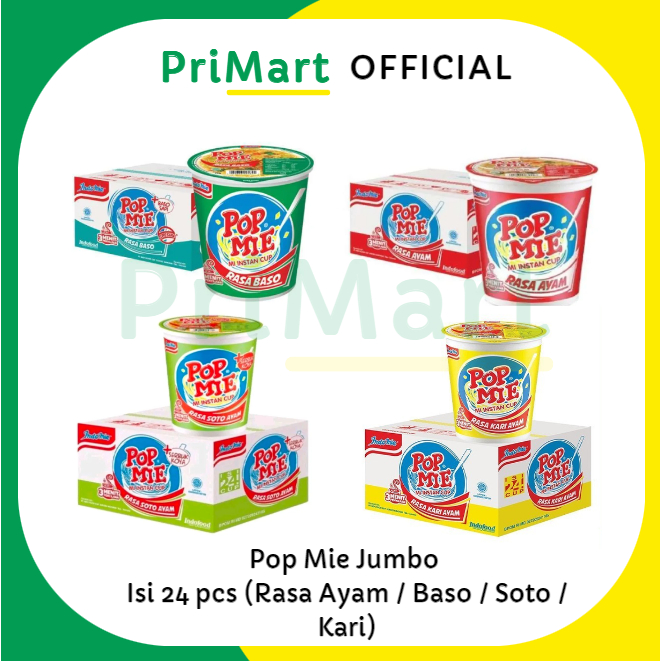 

Pop Mie Mi Instan Jumbo dus kuah 75g Isi 24 pcs rasa Ayam / Baso / Soto / Kari karton