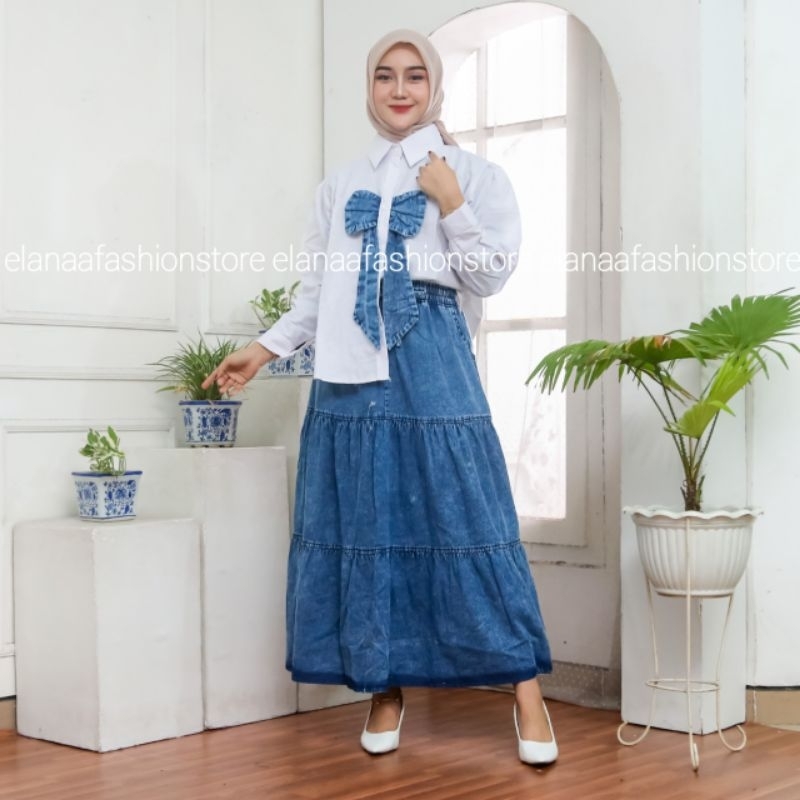 SETELAN KEMEJA ATASAN BUFFY PITA ROK JEANS//OOTD ONESET BUFFY PITA ROK JEANS TERBARU
