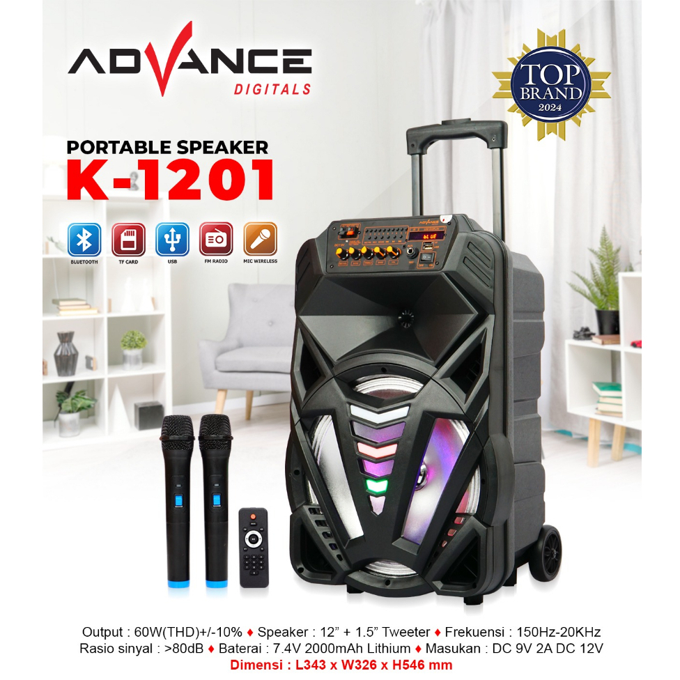 Advance Speaker Bluetooth K1201 FREE MIC Wireless 2 PCS 12" / K1201 Bluetooth 12 inci