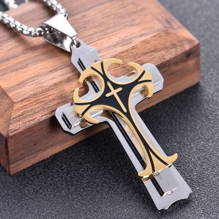Kalung Salib 3 Lapis V2 / Aksesoris Kalung Rantai Liontin Salib Jesus Tiga Layer Pria Wanita Untuk K