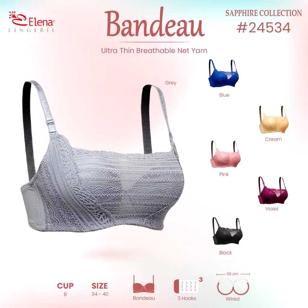 Elena E 24534 Bra Kemben Kawat Busa Tipis Cup B Kait 3 Brokat Renda Bh Harian 34B - 40B