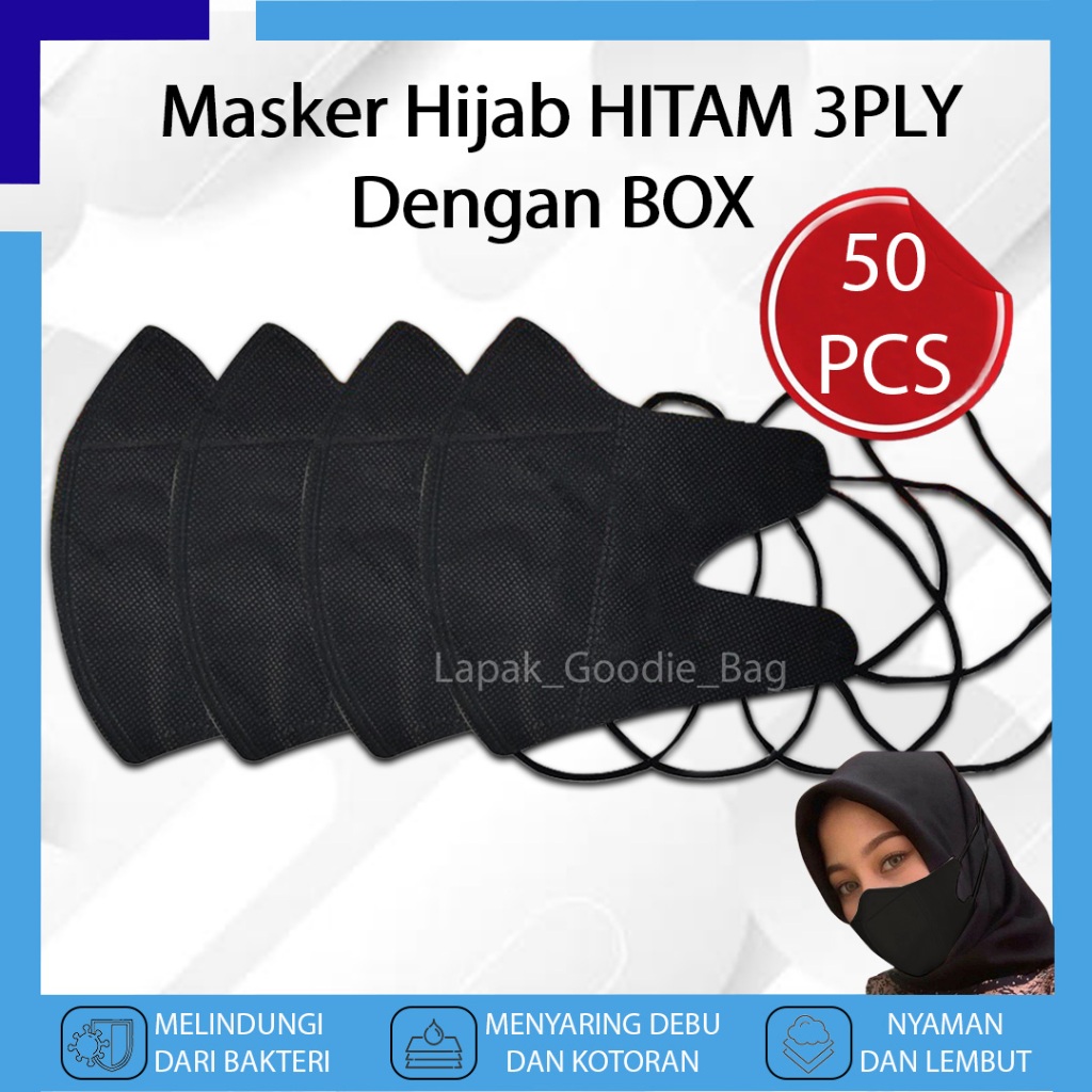 Masker Duckbill 50 PCS HIJAB Warna Hitam BLACK 3 PLY Premium Face Mask Original Masker Medis Duckbil