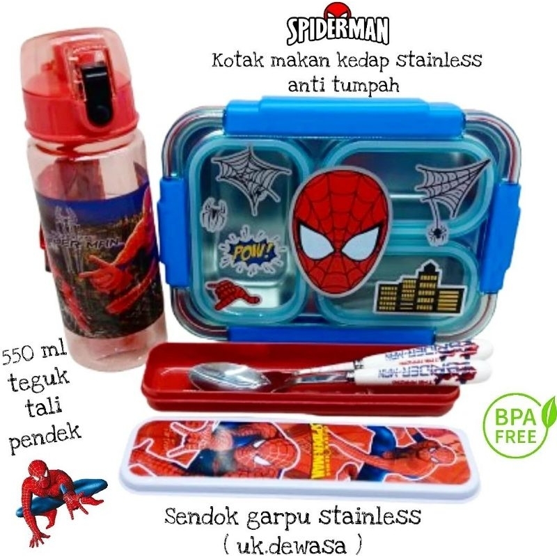 set bekal spiderman kotak makan stainless