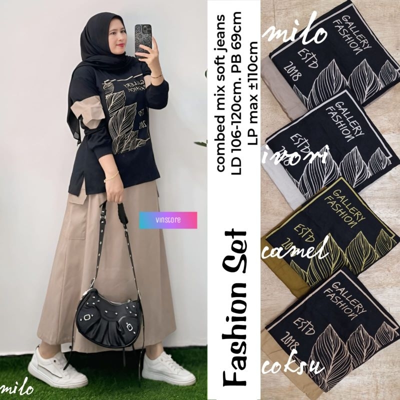 fashion set / set rok dan kulot jeans wanita / set rok kaos dan set kulot jeans