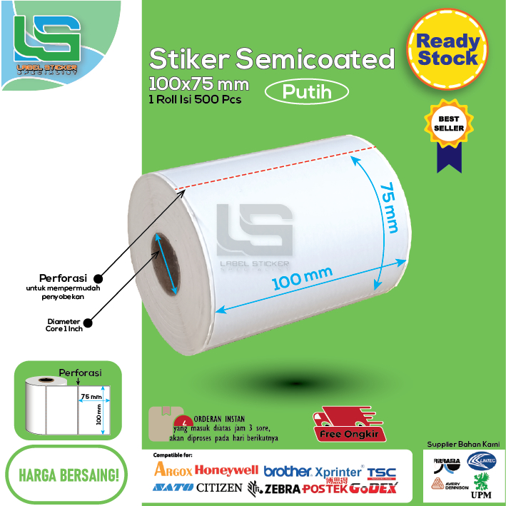 

LABEL STIKER SEMICOATED 100X75 MM LABEL BARCODE SEMICOATED 100X75 MM ISI 500 PCS