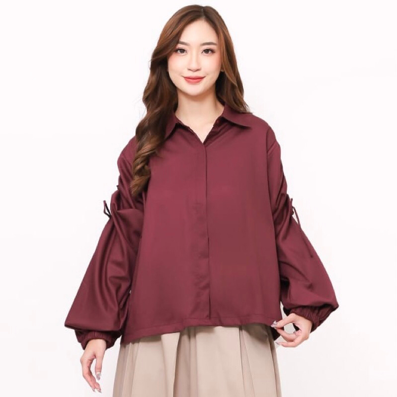 TALLU - Adenium Shirt Maroon - Kemeja Lengan Serut Wanita Merah Maroon