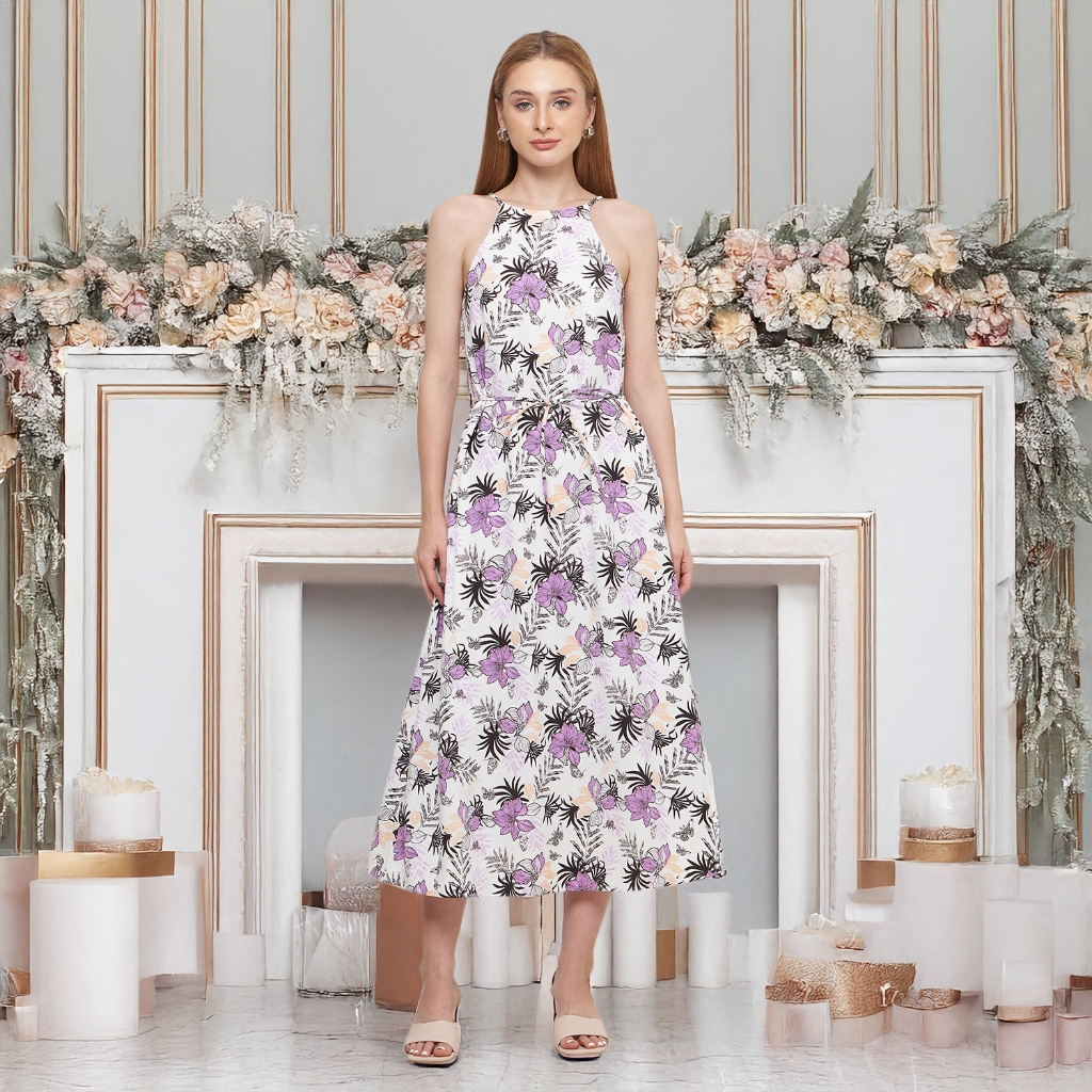 Seutail Asterie Dress Floral Halter Neck Elegan - Dress Casual Panjang Wanita Putih Terbaru 010302