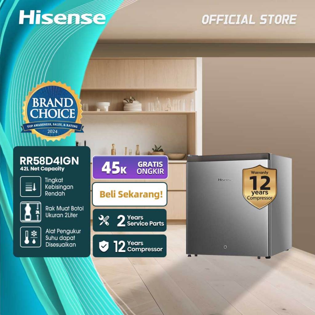 Hisense Kulkas Mini Bar (Refrigerator) Lemari Es Portable Kapasitas 42L RR58D4IGN - Silver【Reversibl