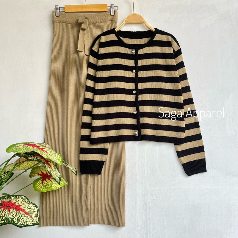 ONESET KURAYO CROP RAJUT OUTER MOTIF SALUR LENGAN PANJANG SETELAN CELANA KULOT
