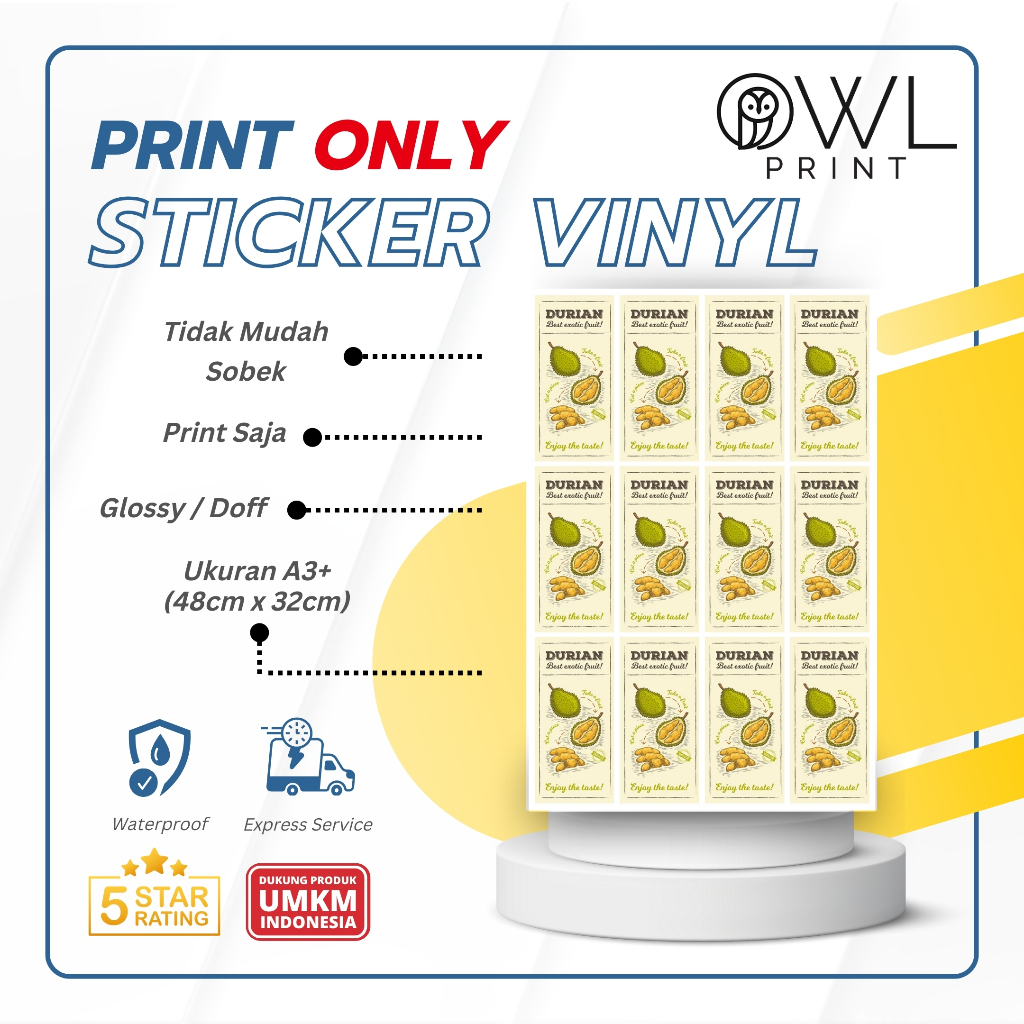 

Cetak Stiker VINYL A3+ Print Saja / Label Makanan / Label Kemasan /Onlineshop