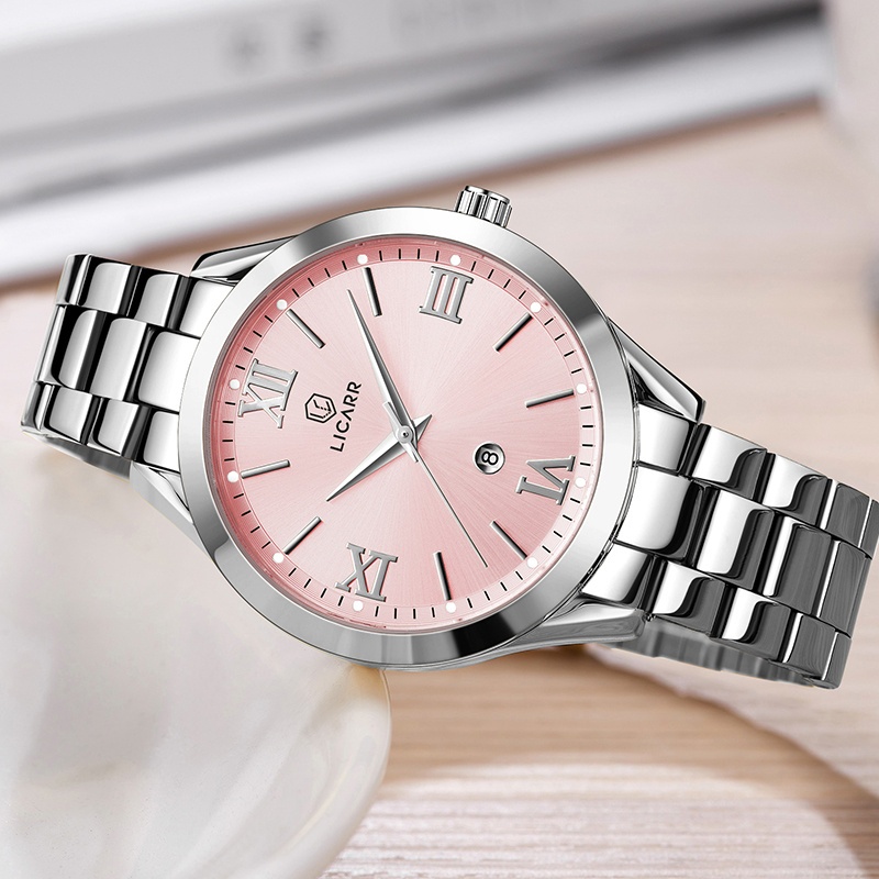 LICARR Jam Tangan Wanita Mewah Kuarsa Stainless Steel Anti Air Santai Tanggal Jam Tangan Cewek Origi