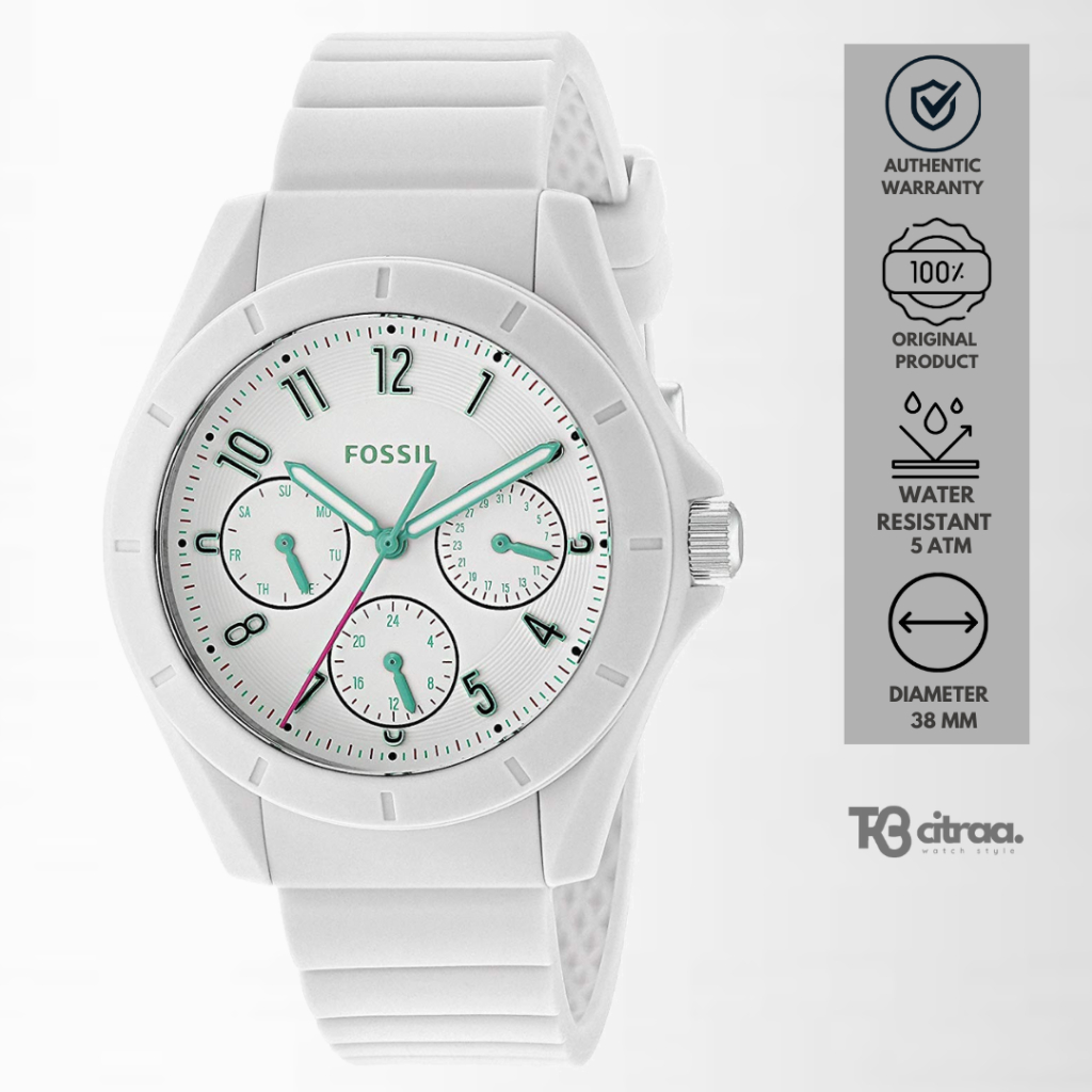 Jam Tangan Wanita Fossil Poptastic Chronograph White Rubber Casual Original ES4064