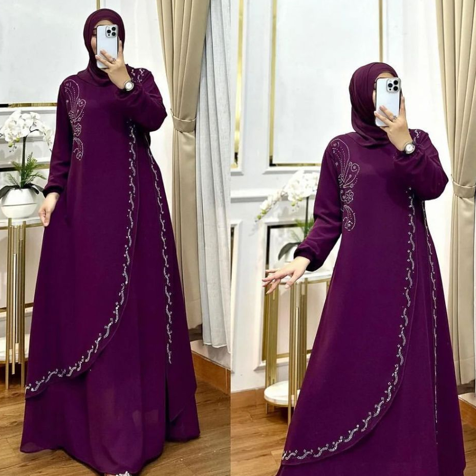 PROMO / BAHAN PREMIUM / Baju Gamis Wanita Muslim Ceruty Babydoll Payet Swarosky Terbaru Elvira Dress