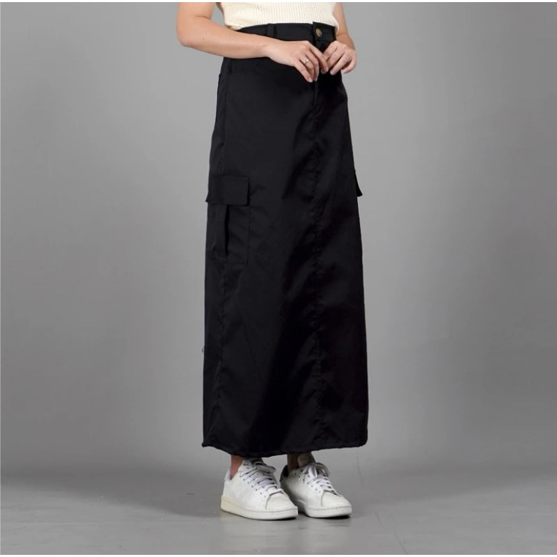Rok Cargo Span Wanita Panjang Skirt Bahan American Drill Standar