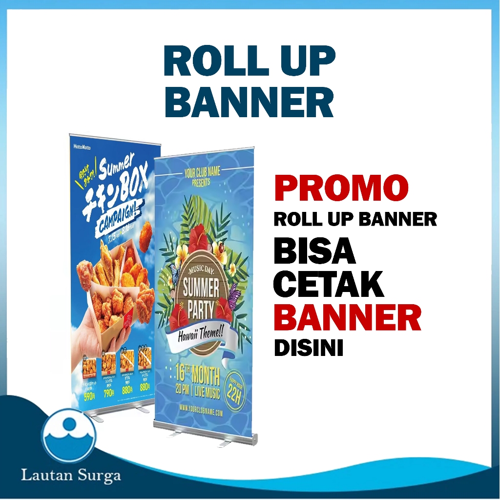 (PAKET STANDING Roll Up Banner Alumunium 85x200 cm) Cetak Stand Banner Spanduk Baliho Custom Desain 