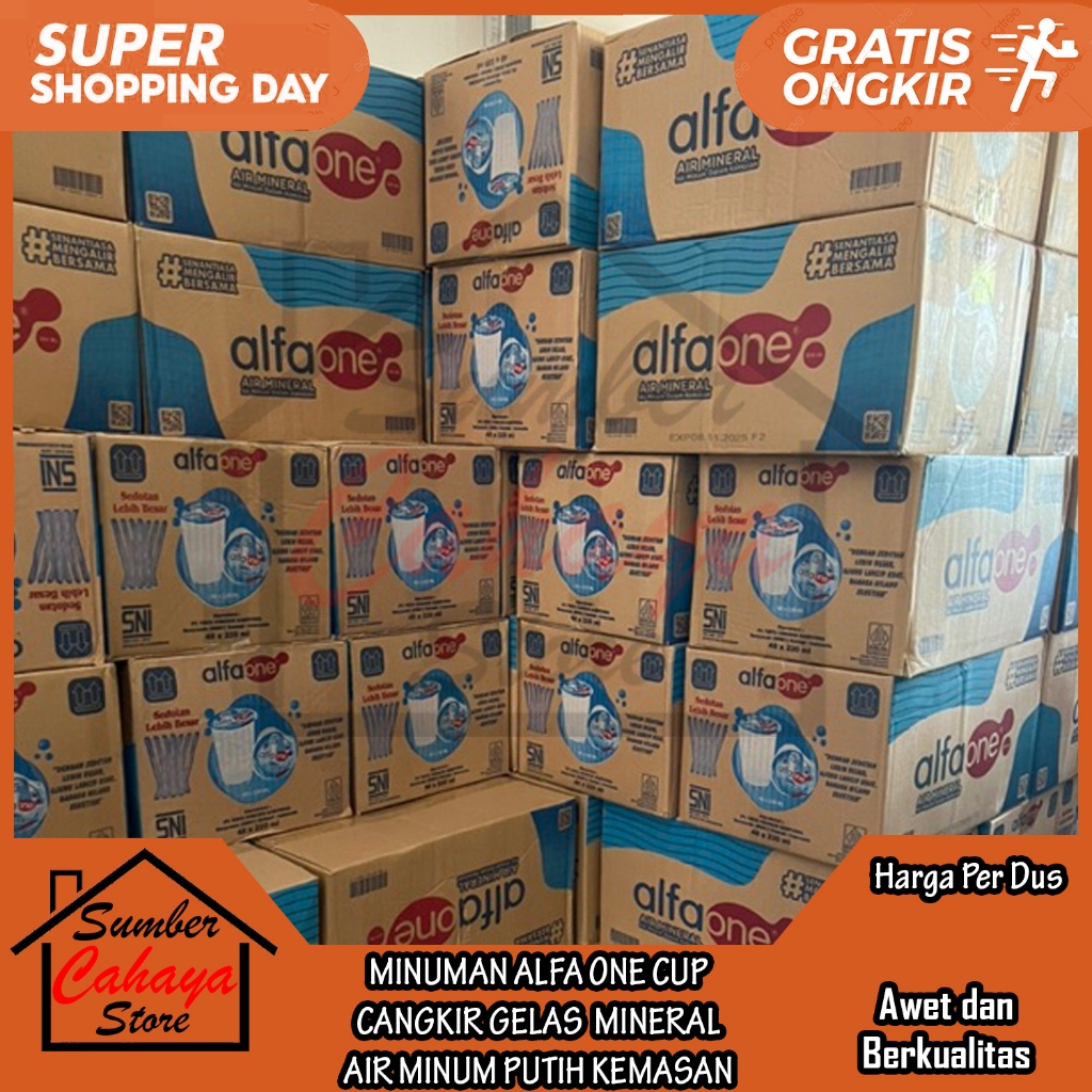 

Air Mineral 1 Dus Minuman Alfa One Cup Cangkir Dalam Kemasan Minum Putih Gelas Isi 48pcs 220 ML Kebutuhan Sehari Hari Alfaone Penghilang Haus