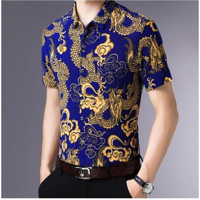 Kemeja Motif Naga Pria, Baju Lengan Pendek Pria Motif Naga Baru