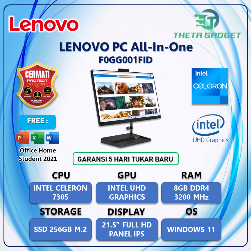 Lenovo AIO Celeron 7305 8GB 256GB 21.5" Full HD Win11+OHS - IdeaCentre AIO 3 22IAP7