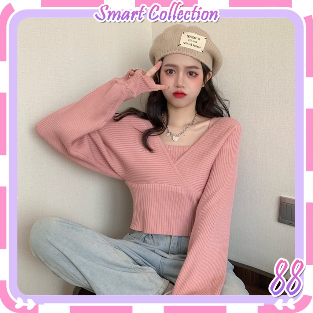 SCBJ1718 Baju Atasan Rajut Knit Lengan Panjang V-Neck Lengan Balon Sabrina Top Offshoulder