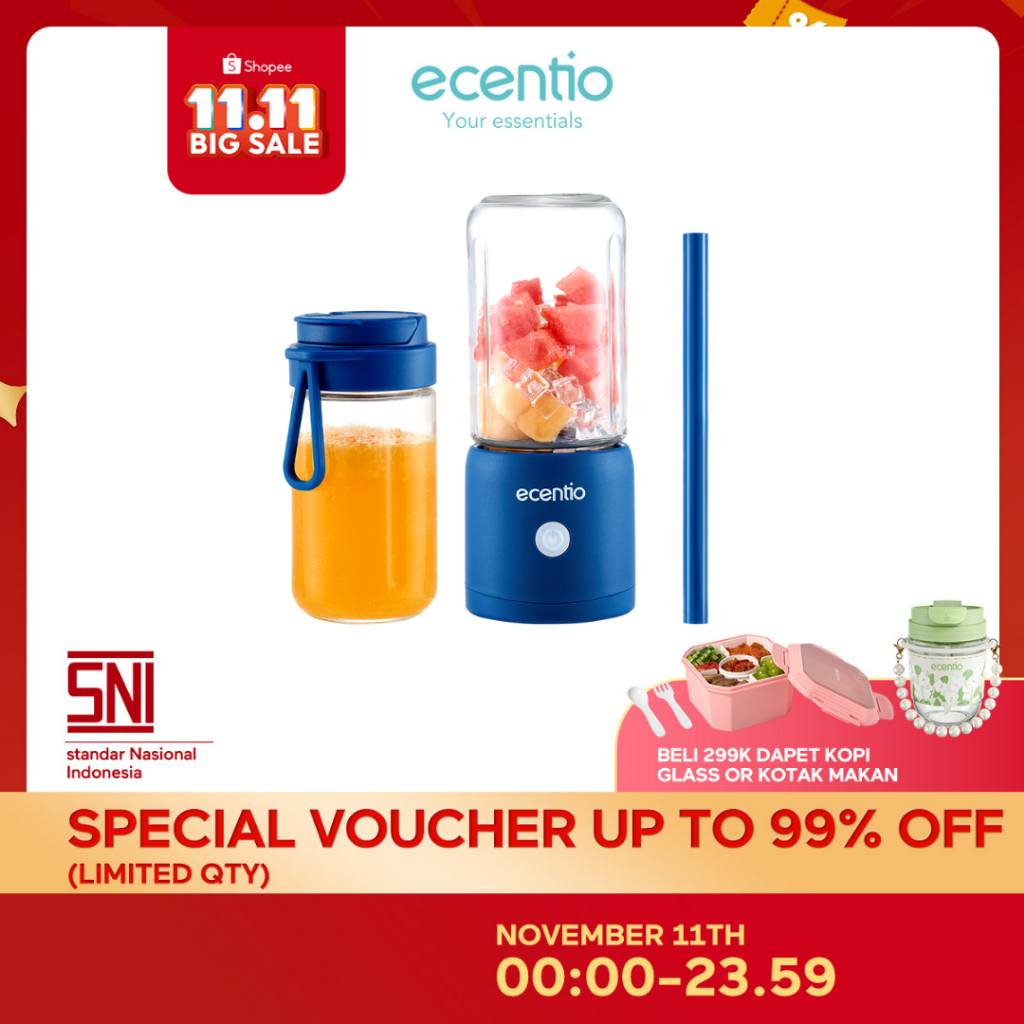 ecentio blender 10 pisau juicer Kaca Tebal 2 Cup mini portable dengan sedotan 380ml+380ml