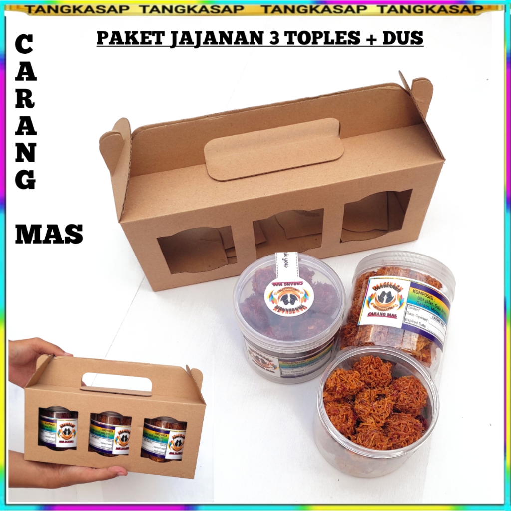 

HAMPERS CEMILAN UBI MANIS PAKET 3 TOPLES JAJANAN KERING CARANG MAS KEMASAN TOPLES + DUS