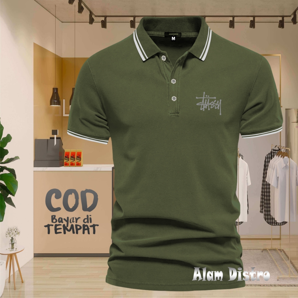 T-shirt Kaos POLO List Kerah Stussy Text Silver Polo Kerah Unisex Pria & Wanita