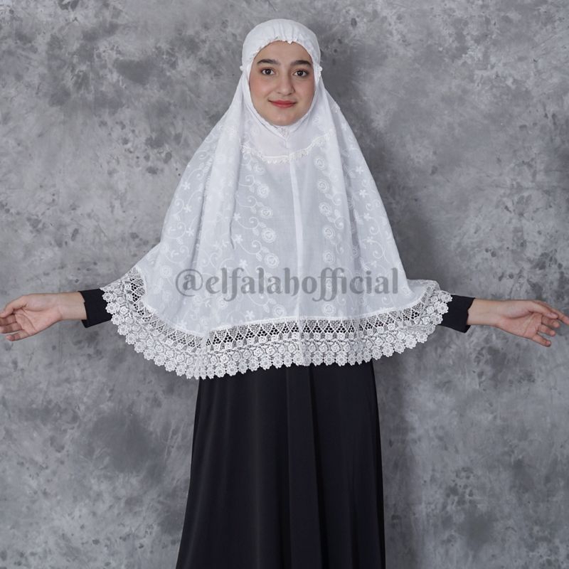 Bergo Haji Dan Umroh Putih Jumbo Bahan Katun Renda Biasa