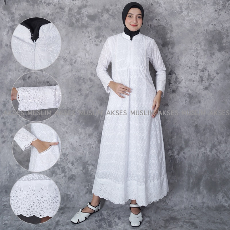 Gamis Putih Wanita Gamis Ihrom Wanita Katun Bordir Renda Premium Perlengkapan Haji dan Umrah Wanita