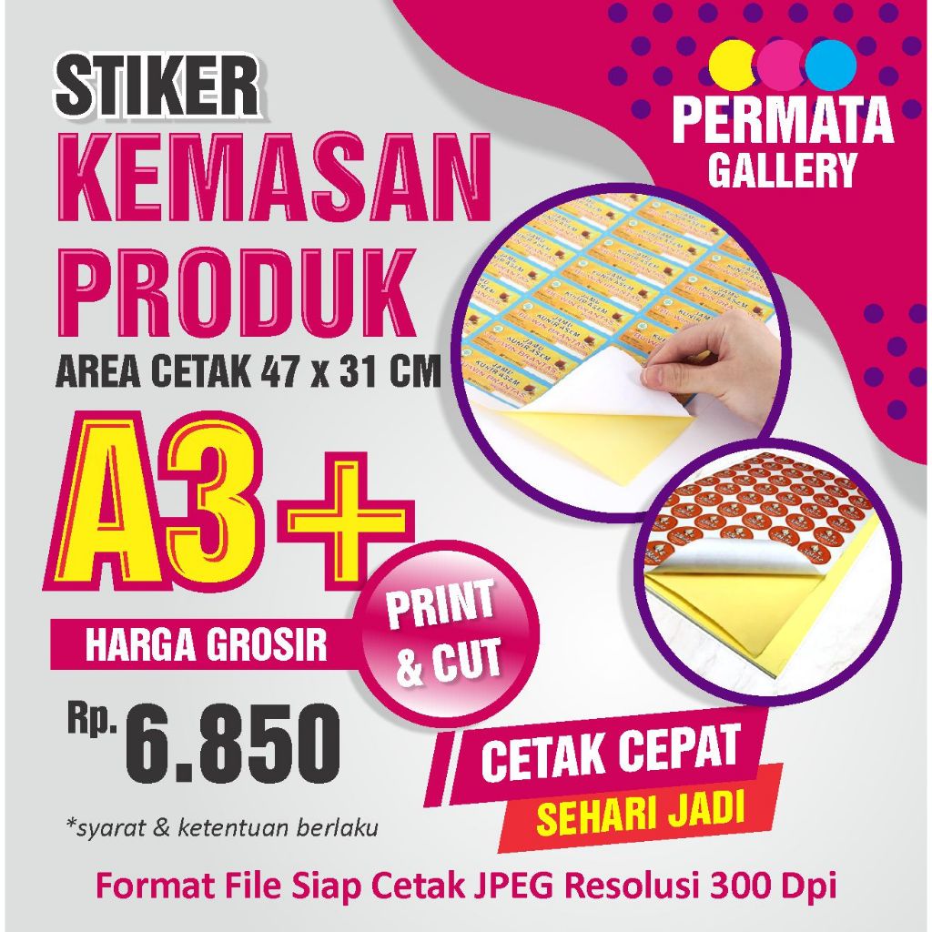 

CETAK STIKER MURAH A3+ / PRINT A3+ STIKER CROMO / STIKER BONTAK / LABEL / KEMASAN FREE CUTTING