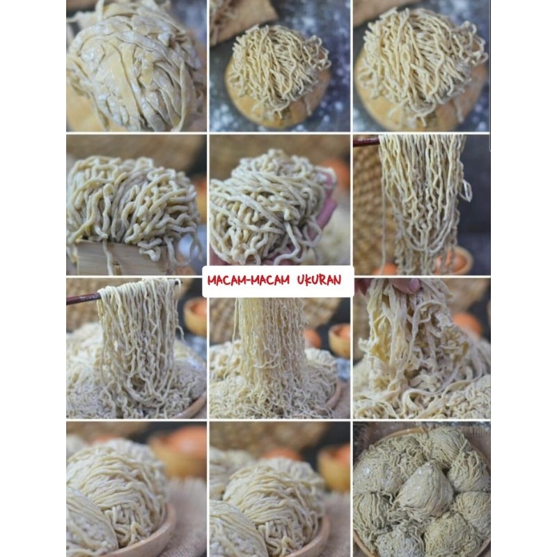 

Mie Mentah Telur Ayam Super Kenyal Ukuran Kriting Halus, Kriting Kecil, Lurus Kecil, Gepeng tipis, Gepeng tebal, Lebar, Mie Karet