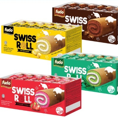 

Fudo Swiss Roll 422gram 24pcs Chocolate,Strawberry,Pandan,Butter Dan Tiramisu