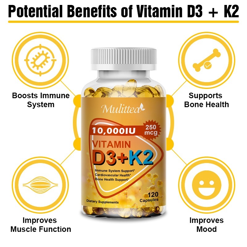 Mulittea 120pcs USA Vitamin D3 Vitamin K2 Meningkatkan Penyerapan Kalsium Kesehatan Tulang & Sendi