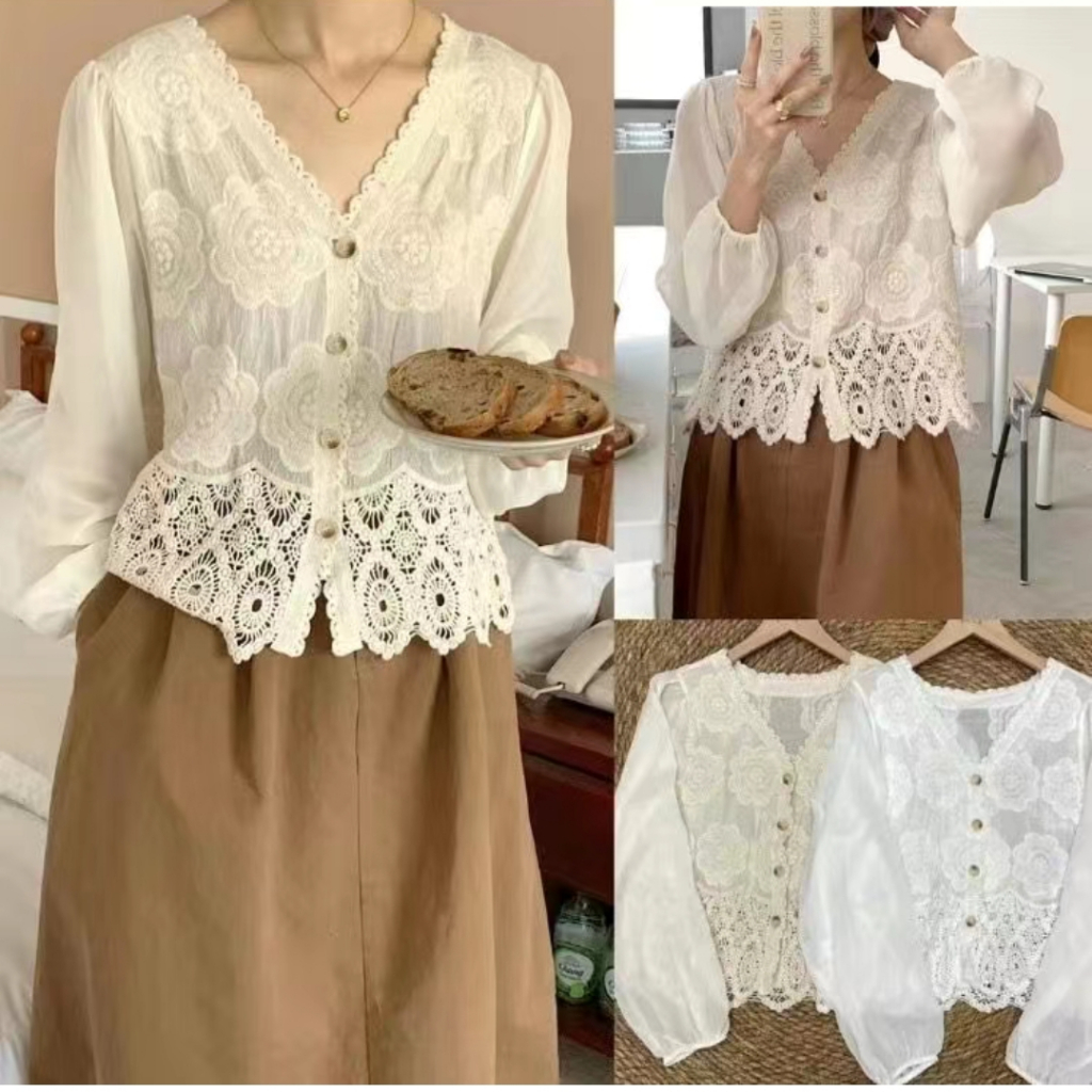 Atasan Katun Renda Blouse Wanita Mawar Putih Besar Korea Style