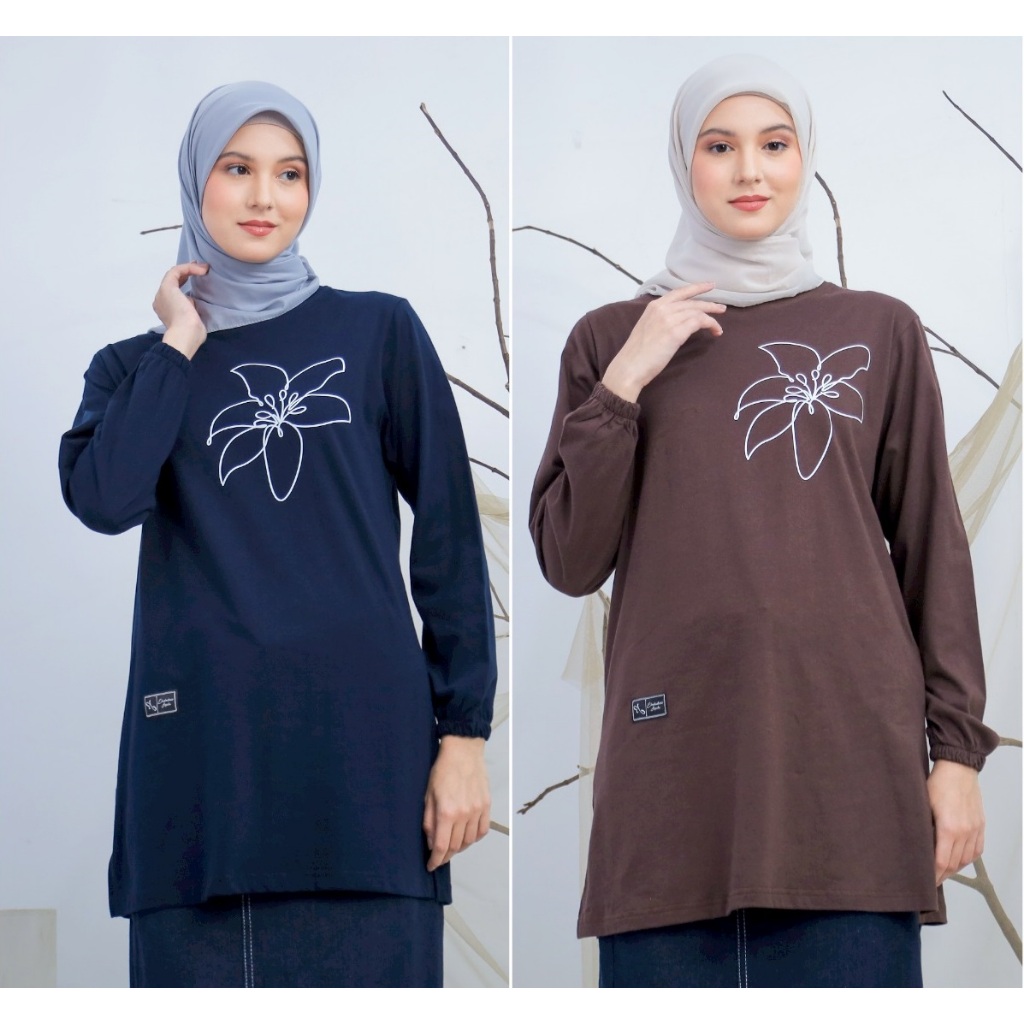 LIMITED Long Tunik Kaos Kasual Motif Bunga Lengan Balon Atasan Wanita Terbaru Kombed 20s Jumbo